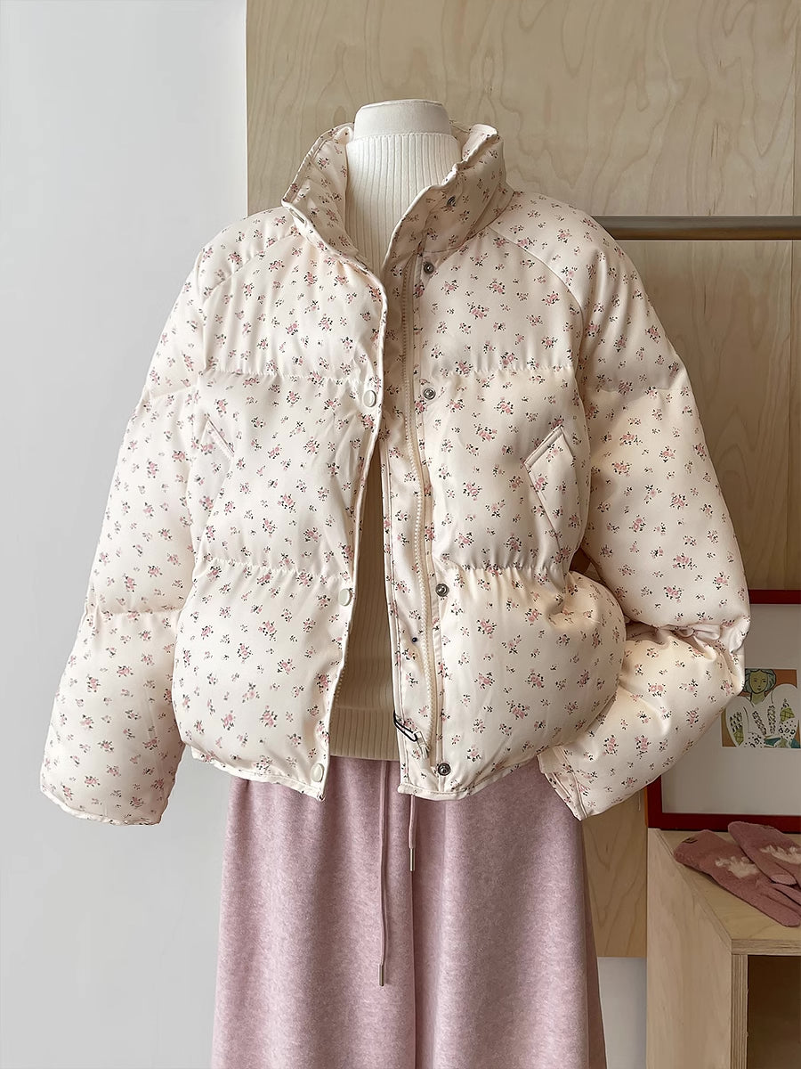 Ditsy Floral Puffer Jacket (Cream/Pink)
