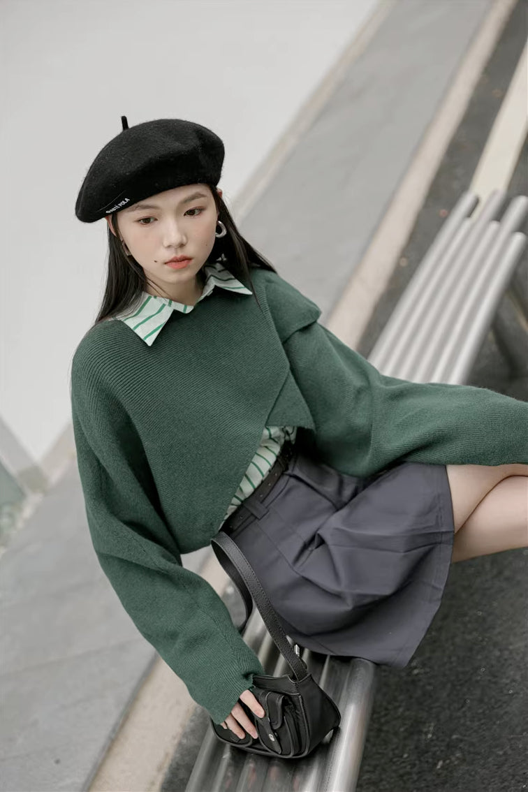 Criss Cross Cropped Throwover Sweater (Green)