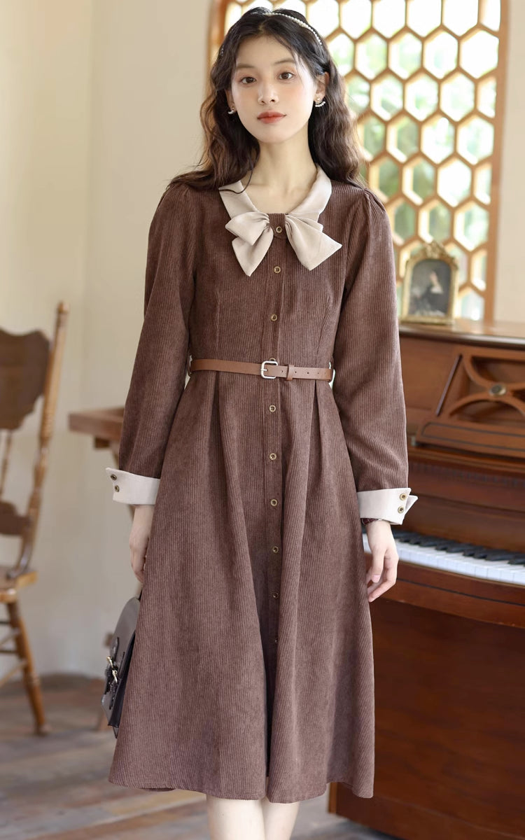 Bow Collar Corduroy Button Down Dress (Chocolate)