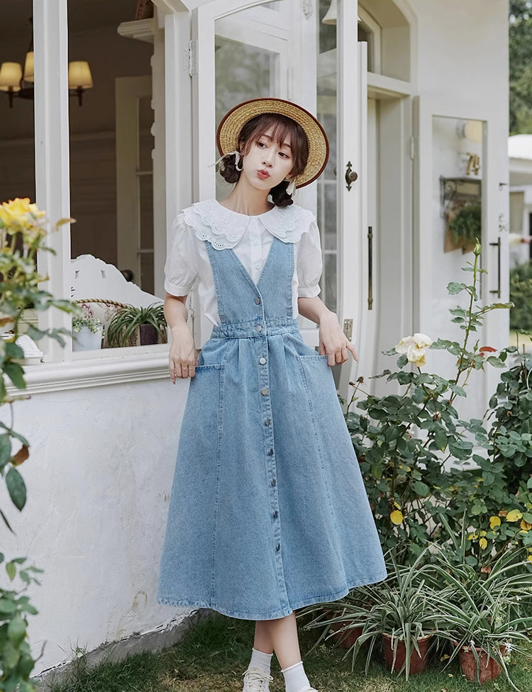 Button Denim Midi Pinafore Dress (Light Blue)