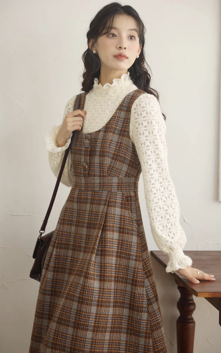 Sunset Plaid Pinafore Midi Dress (Brown)
