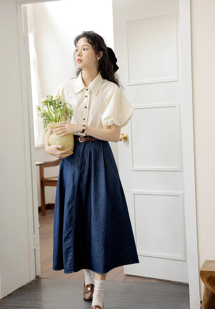 Pleated Denim Midi Skirt (3 Colors)