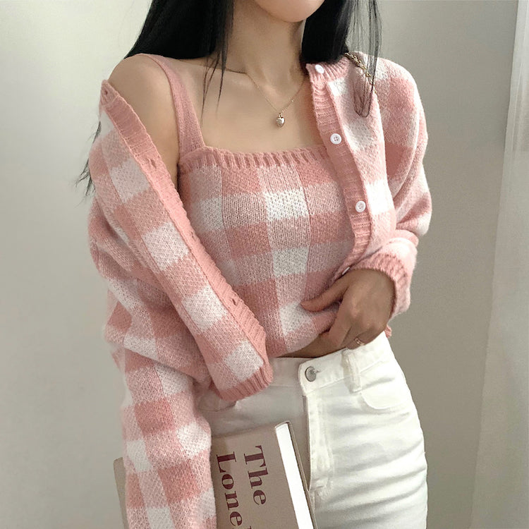 Gingham Cropped Cardi & Cami Set (5 Colors)