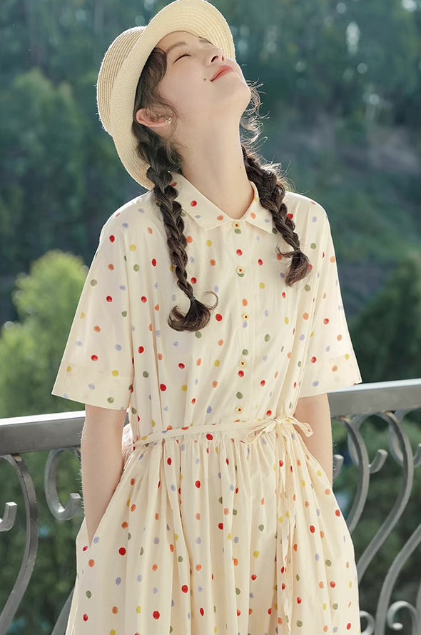 Skittles Polka Dot Shirt Dress (Cream)