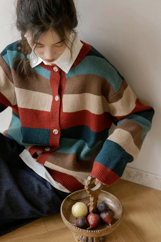 Cozy Stripe Cardigan (Maroon/Teal)