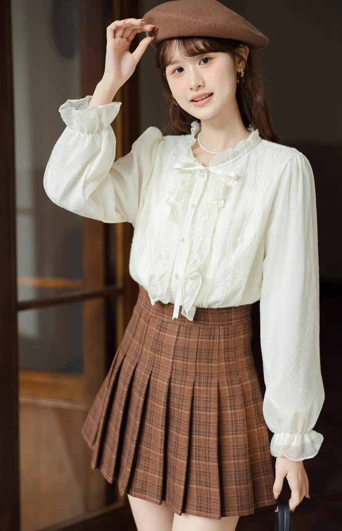 Ruffle Trim Tie Neck Blouse (Cream)