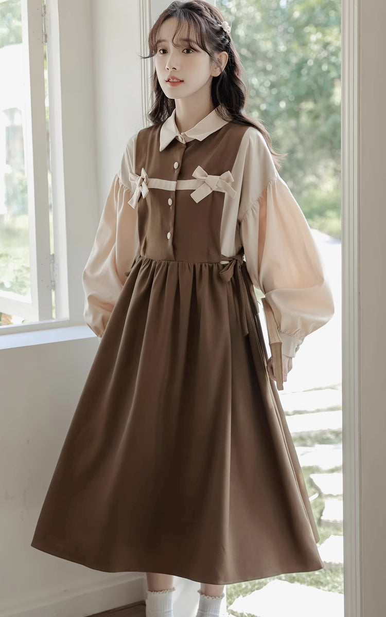 Cocoa Bows Twofer Midi Dress (Brown)