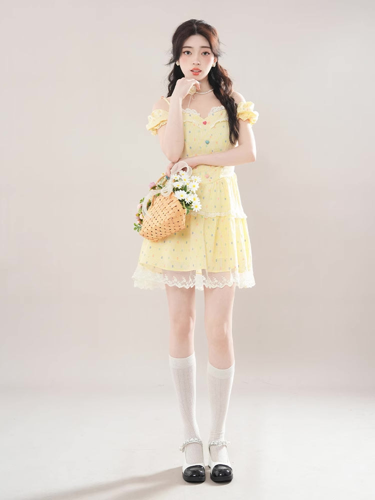 Gumdrop Gingham Cold Shoulder Mini Dress (Yellow)