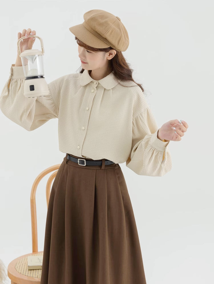 Waffle Puff Sleeve Blouse (Milk Tea)