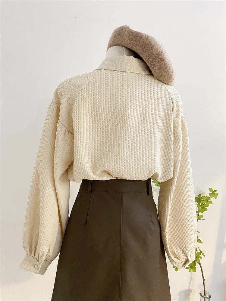 Waffle Puff Sleeve Blouse (Milk Tea)