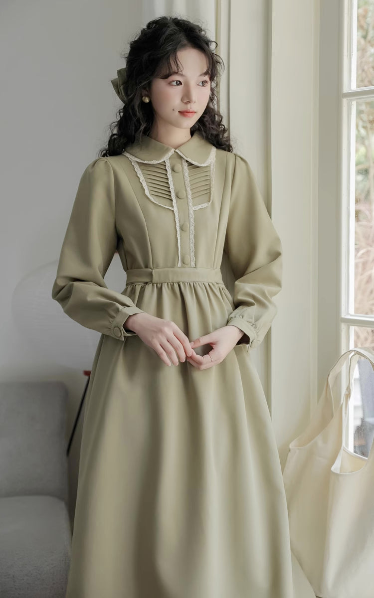 Sunday Tea Long Sleeve Midi Dress (Olive)
