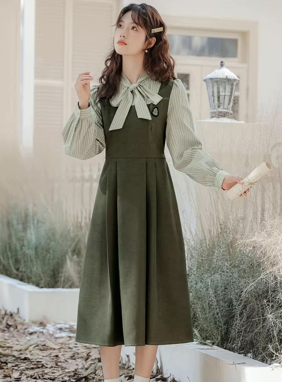 Stripe Academia Twofer Midi Dress (3 Colors)