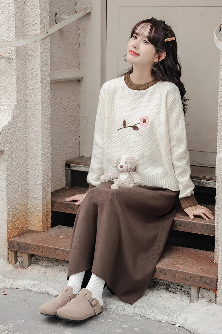 Waffle Knit Flower Sweater (2 Colors)