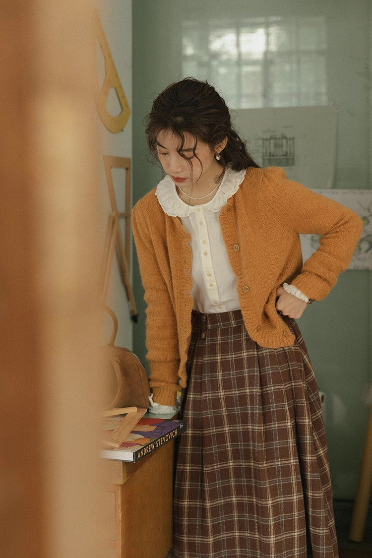 Round Neck Knitted Cardigan (Pumpkin Mustard)