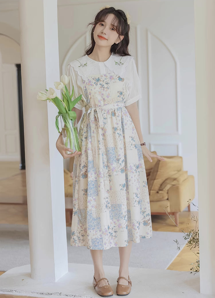 Ditsy Floral Patchwork Apron Dress (White)