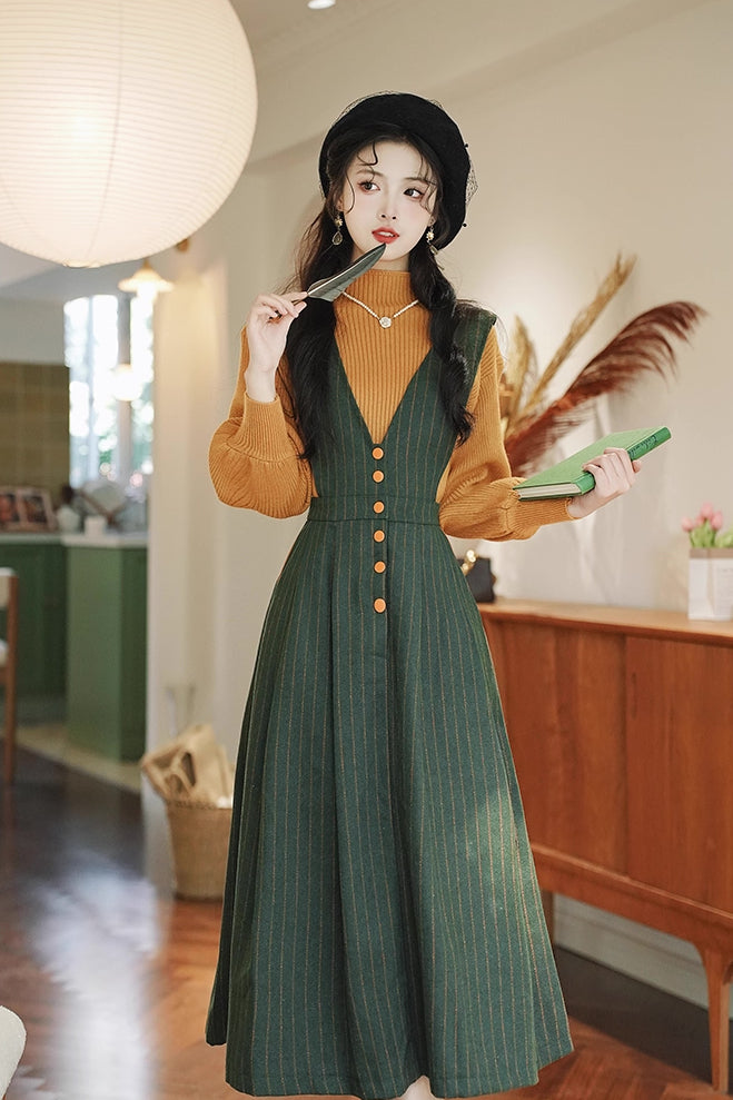 Gingko Stripe Pinafore & Sweater Set (Mustard/Green)