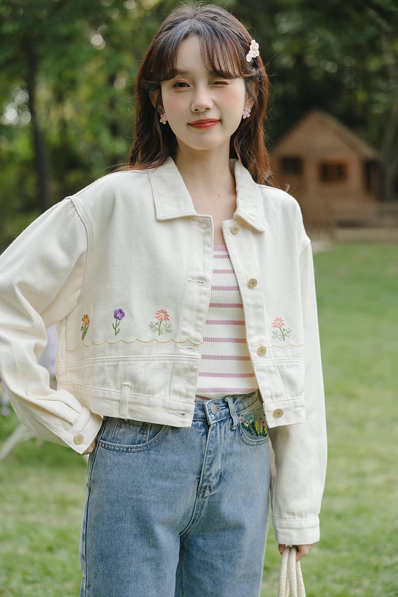 Personal Garden Embroidered Denim Jacket (Cream)