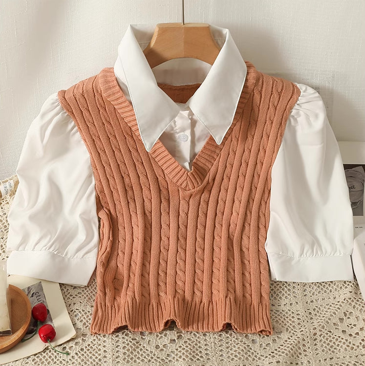 Braided Knit Twofer Cropped Blouse (4 Colors)
