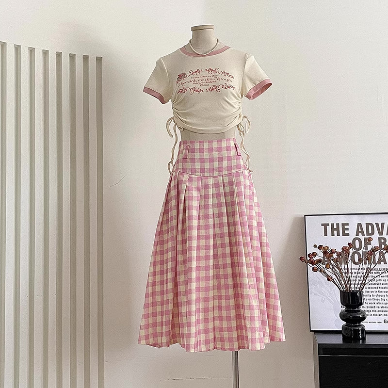 Gingham Pleated Midi Skirt (Pink)