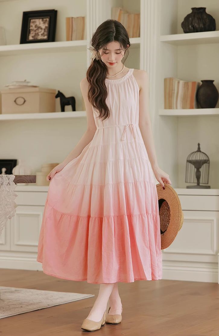 Ombre Halter Trapeze Midi Dress (Pink)