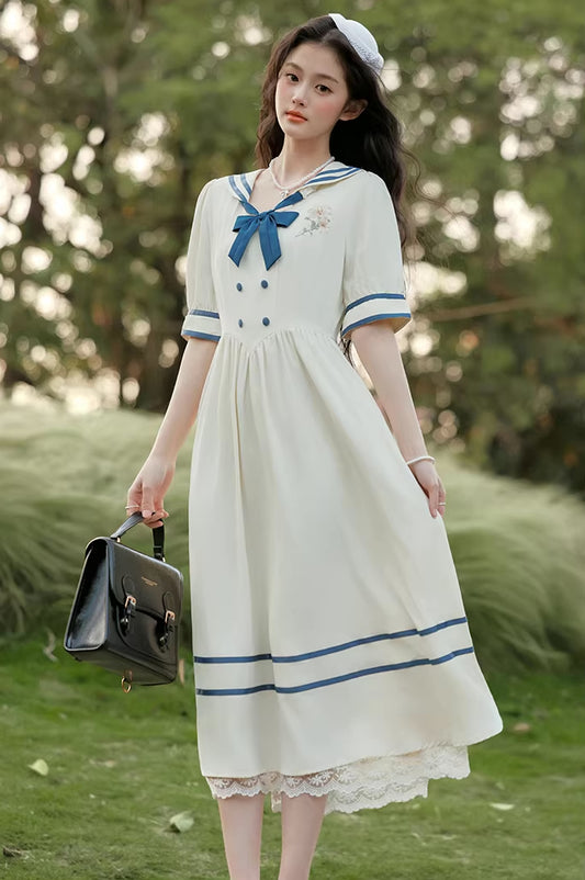 Sailor Girl Midi Dress (White/Blue)