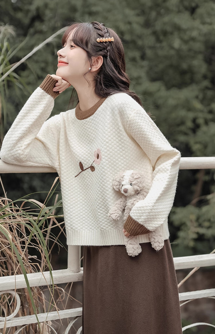 Waffle Knit Flower Sweater (2 Colors)
