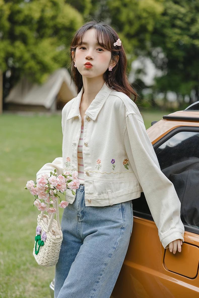 Personal Garden Embroidered Denim Jacket (Cream)
