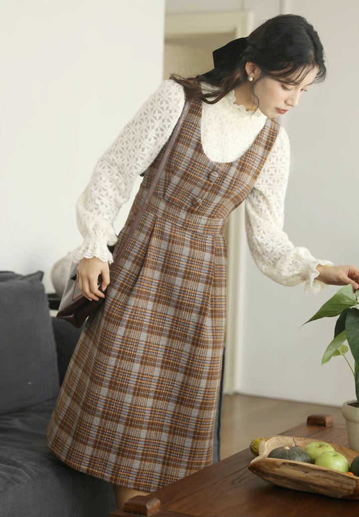 Sunset Plaid Pinafore Midi Dress (Brown)