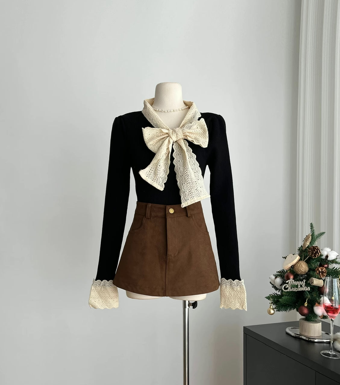 Lace Trim Tie Neck Sweater (4 Colors)