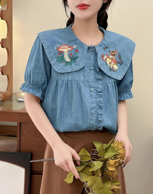 Mushroom Bunny Denim Blouse (2 Colors)