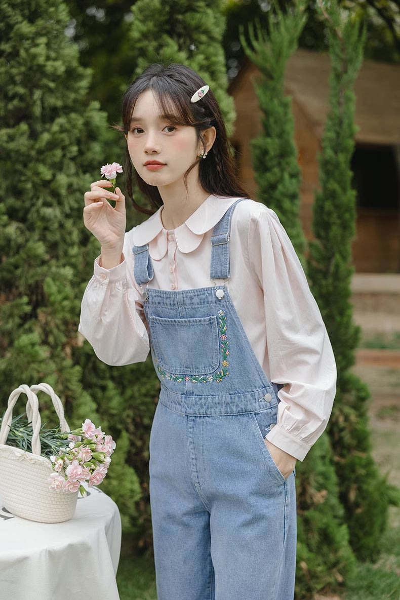 Retro Floral Embroidered Denim Overalls (Medium Blue)
