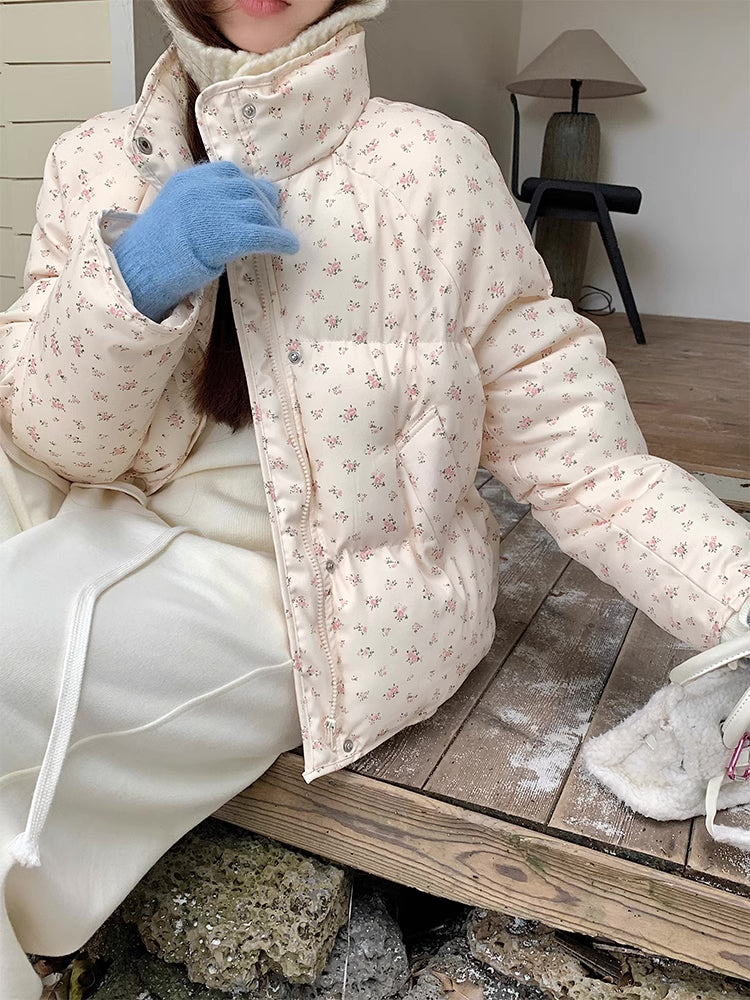 Ditsy Floral Puffer Jacket (Cream/Pink)