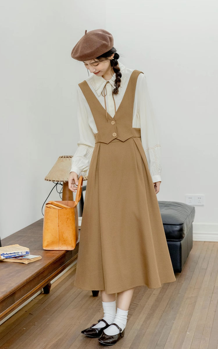 Basic Woven Vest Pinafore Dress / Blouse (2 Colors)