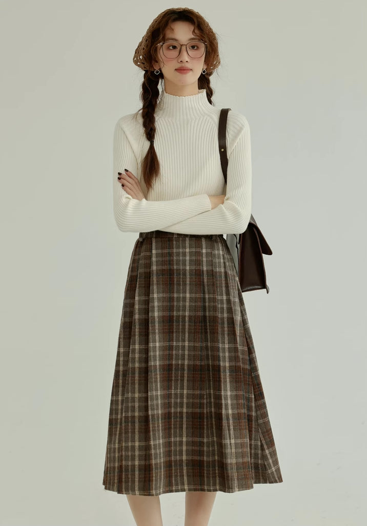 Espresso Plaid Pleated Midi Skirt (Khaki)