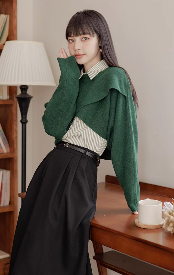 Criss Cross Cropped Throwover Sweater (Green)
