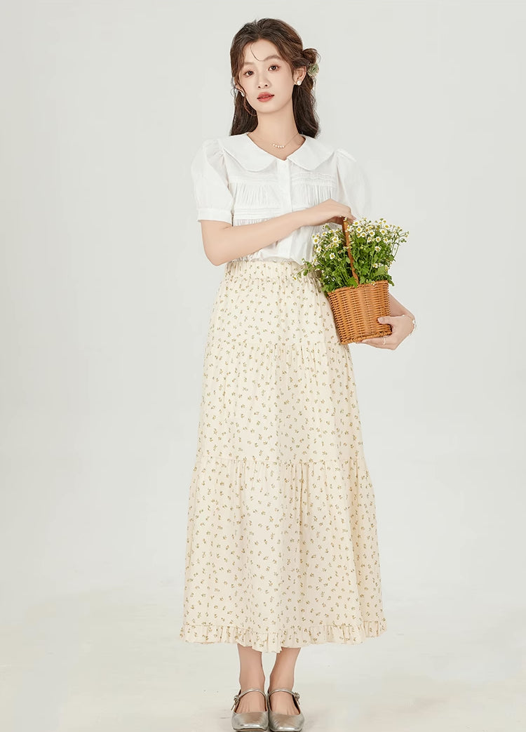 Ditsy Floral Tiered Midi Skirt (Cream)