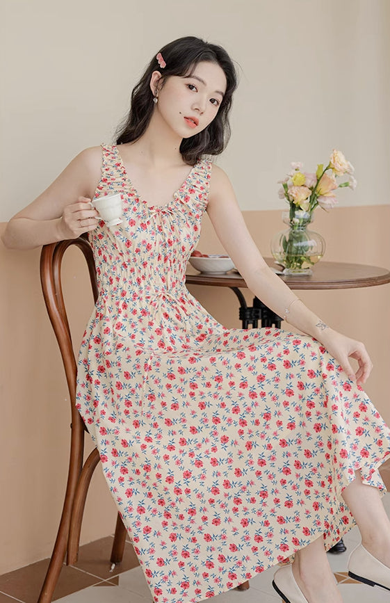 Camellia Smocked Midi Dress (Cream/Red)
