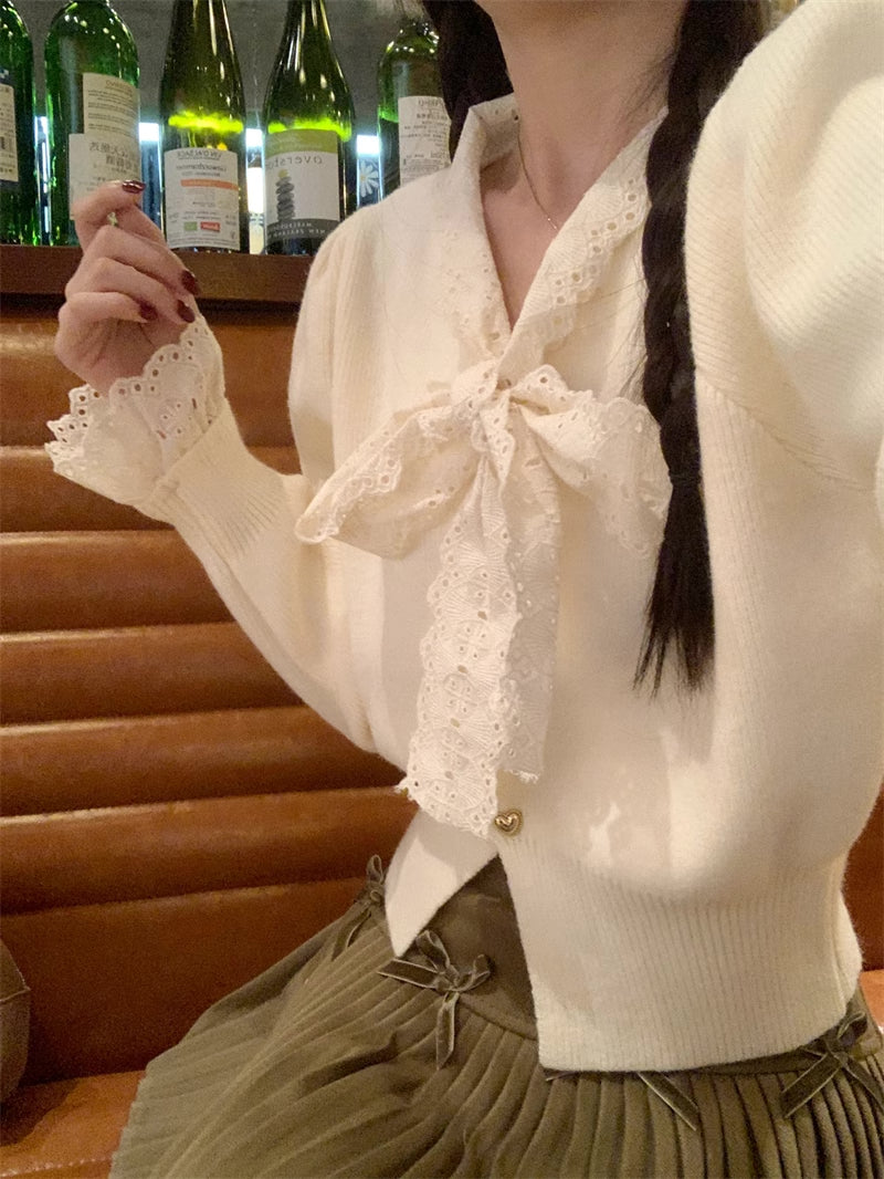 Heart Button Lace Trim Cardigan (3 Colors)