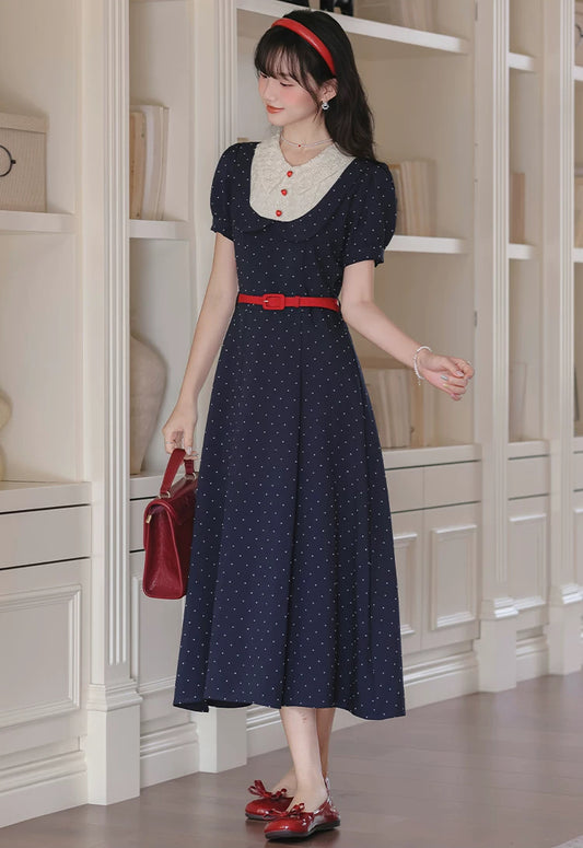 Miss Americana Polka Dot Midi Dress (Navy)