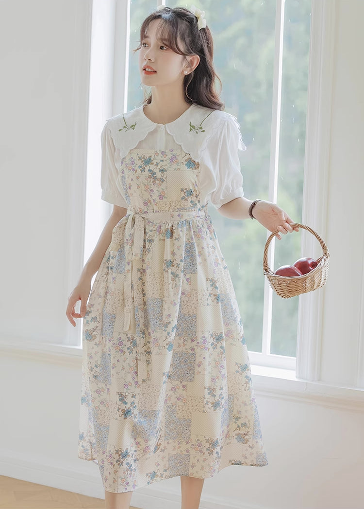 Ditsy Floral Patchwork Apron Dress (White)