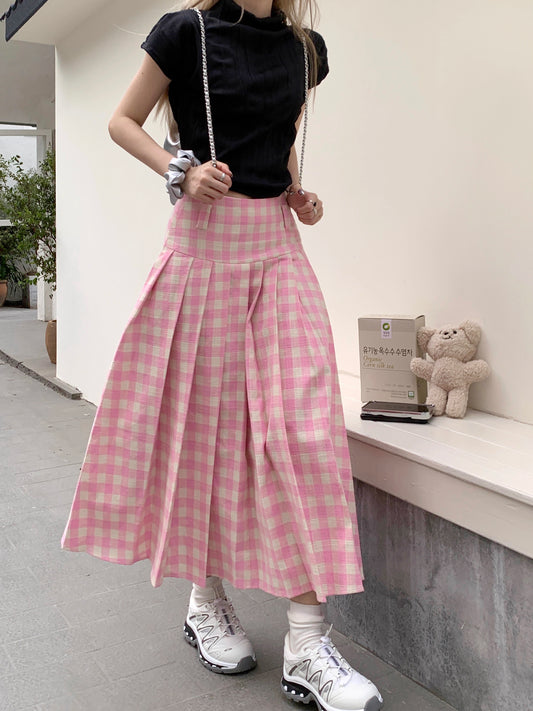 Gingham Pleated Midi Skirt (Pink)