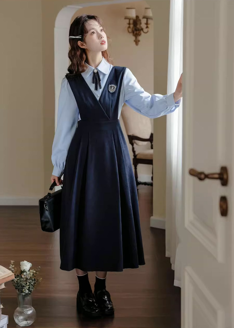 Corduroy Suede Midi Pinafore Dress Blouse Set Navy