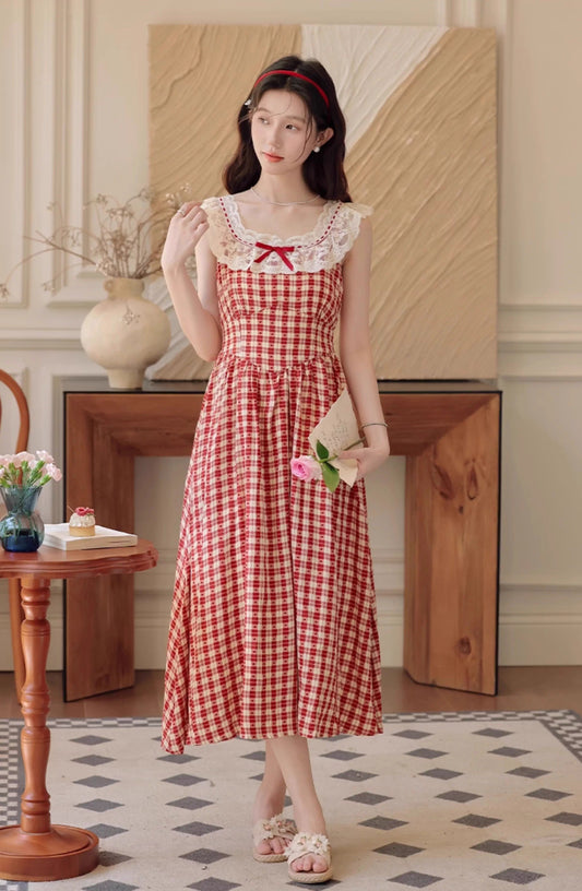 Picnic Plaid Sleeveless Midi Dress (Red)