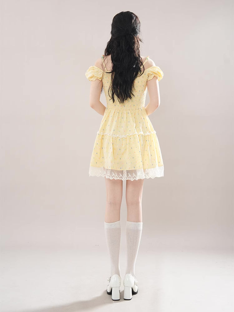 Gumdrop Gingham Cold Shoulder Mini Dress (Yellow)