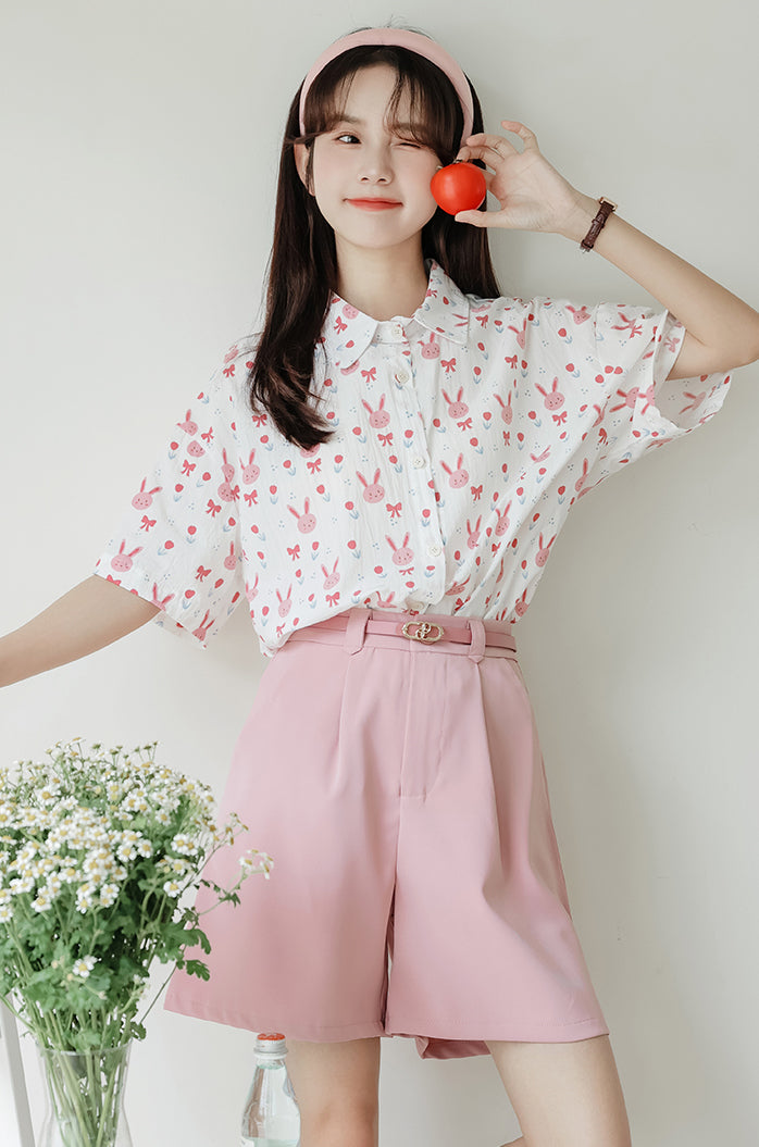 Pink Bunny Button Up Shirt (White)