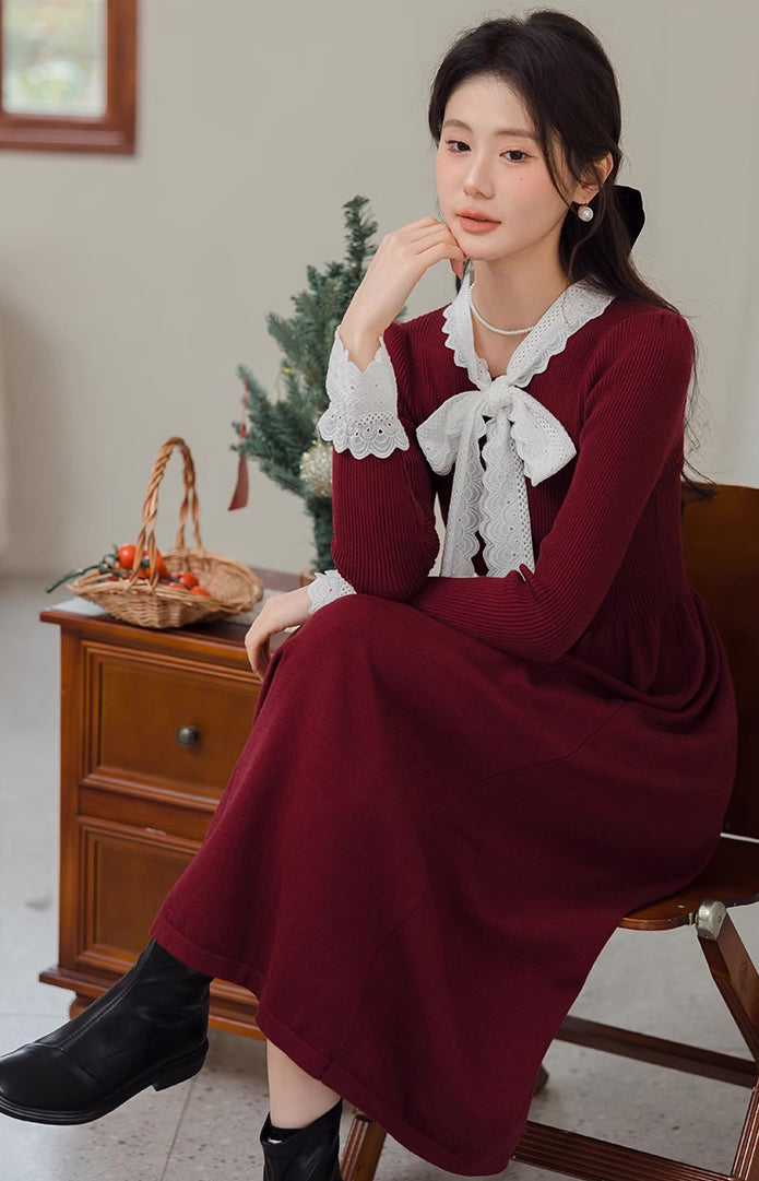 Lace Trim Sweater Midi Dress (2 Colors)