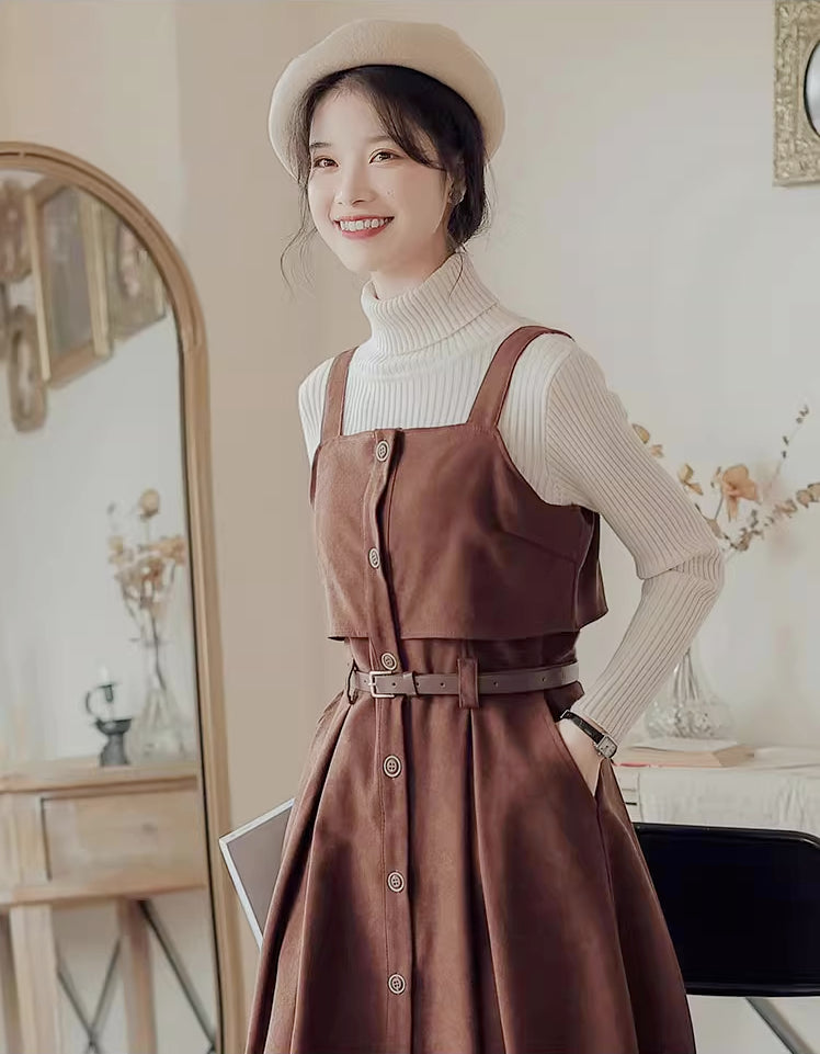 Suede Button Up Cami Pinafore Dress (4 Colors)