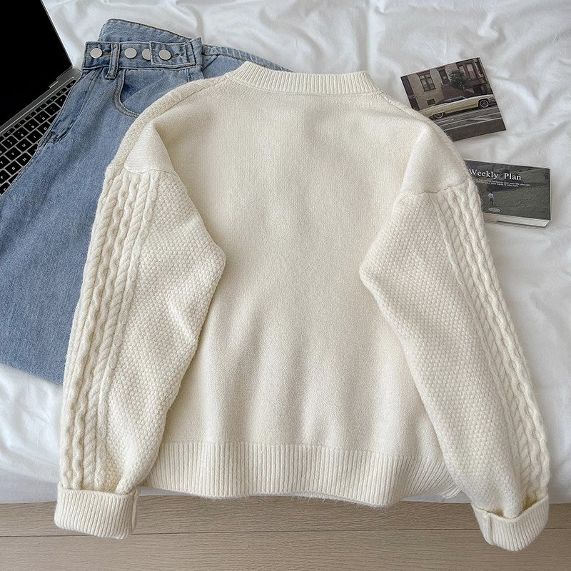 Cable Knit Round Neck Cardigan (7 Colors)