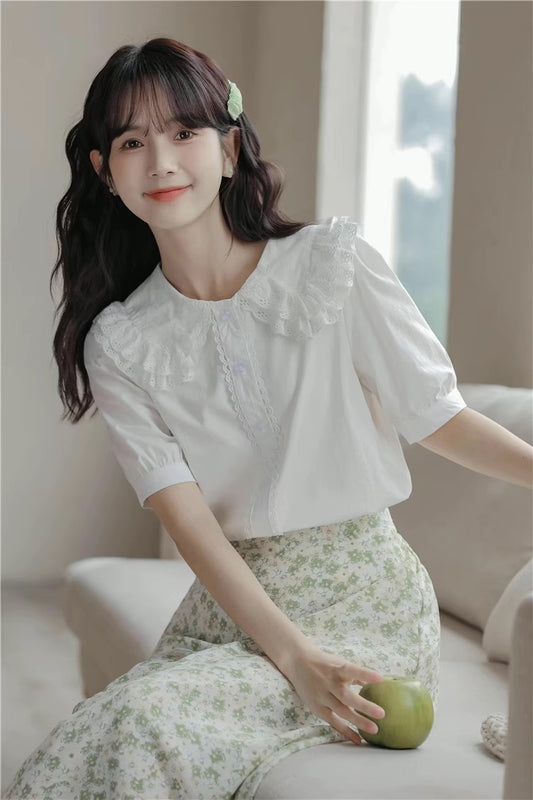 Double Collar Short Sleeve Blouse (White)