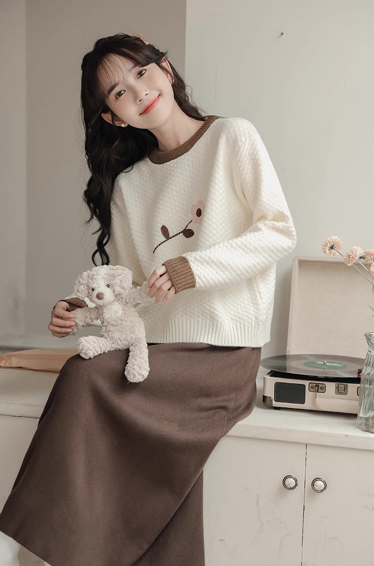 Waffle Knit Flower Sweater (2 Colors)